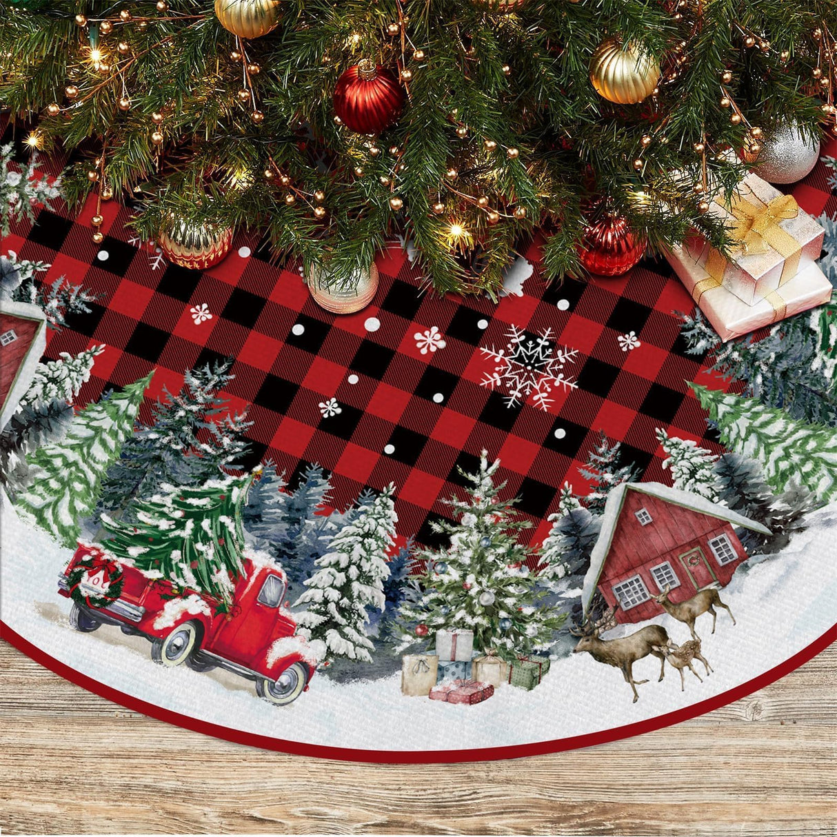 EKOREST Christmas Tree Skirt 48 Inches, Red Buffalo Plaid with Truck Pencil Tree Skirt, Winter Xmas Tree Mat Decorations for Home Party Holiday Decorations EKOREST