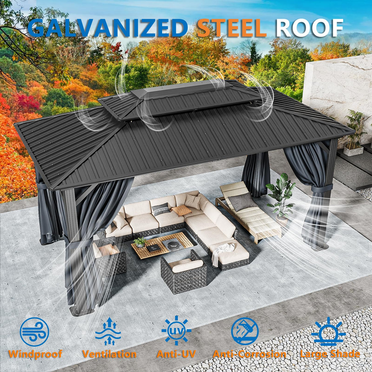 HOTEEL 10x15 Hardtop Gazebo with Heavy Duty Galvanized Steel Double Roof, Aluminum Frame, Flame-Resistant Curtains and Netting, Outdoor Permanent Pavillon for Backyard, Black Hoteel