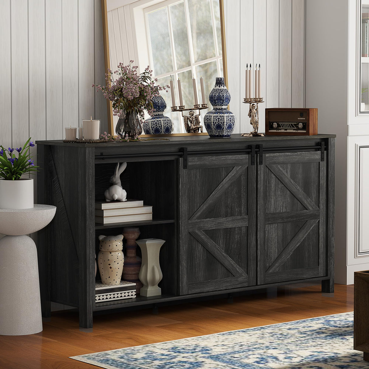 HOMCOM 60" Farmhouse Sideboard Buffet Cabinet with Storage, Kitchen Cabinet with 2 Sliding Barn Doors, 4 Deep Drawers and 2 Adjustable Shelves, Coffee Bar Cabinet, Distressed Dark Gray HOMCOM