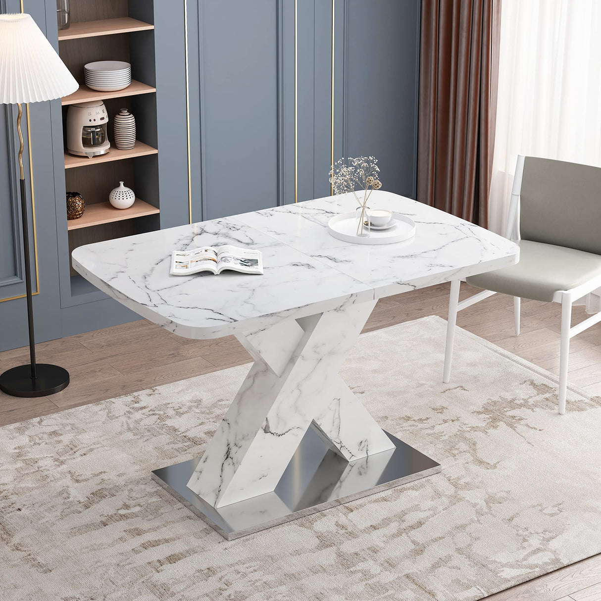 Lasadelgar Expandable Dining Table for 4, Extendable 47-63 Inch Modern White Faux Marble Dining Room Table with MDF Table Top X-Shape Table Leg Metal Base Lasadelgar