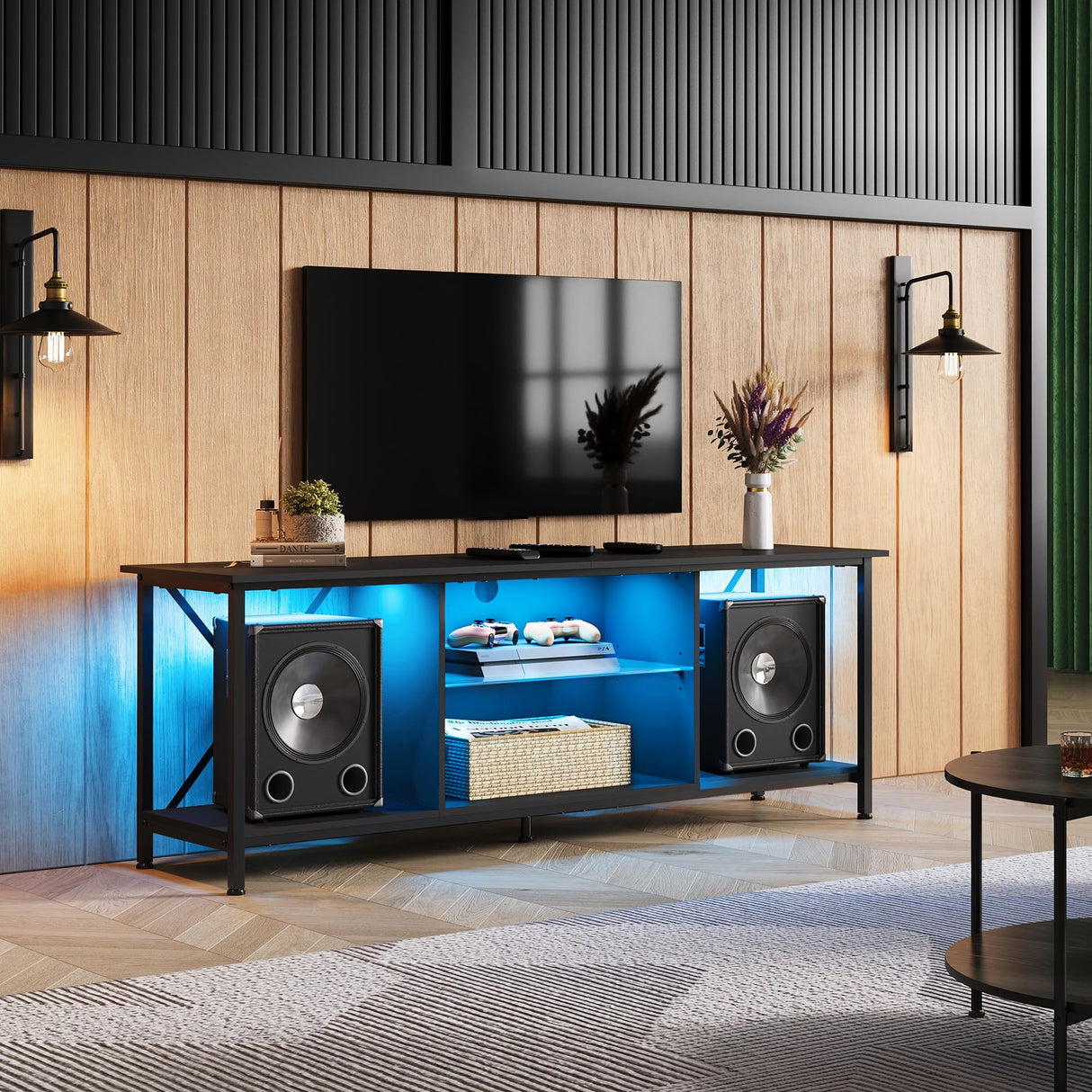 WLIVE TV Stand up to 65 Inch TV, 55" Entertainment Center with LED, Industrial TV Console with Glass Shelf for Living Room and Bedroom, Black WLIVE