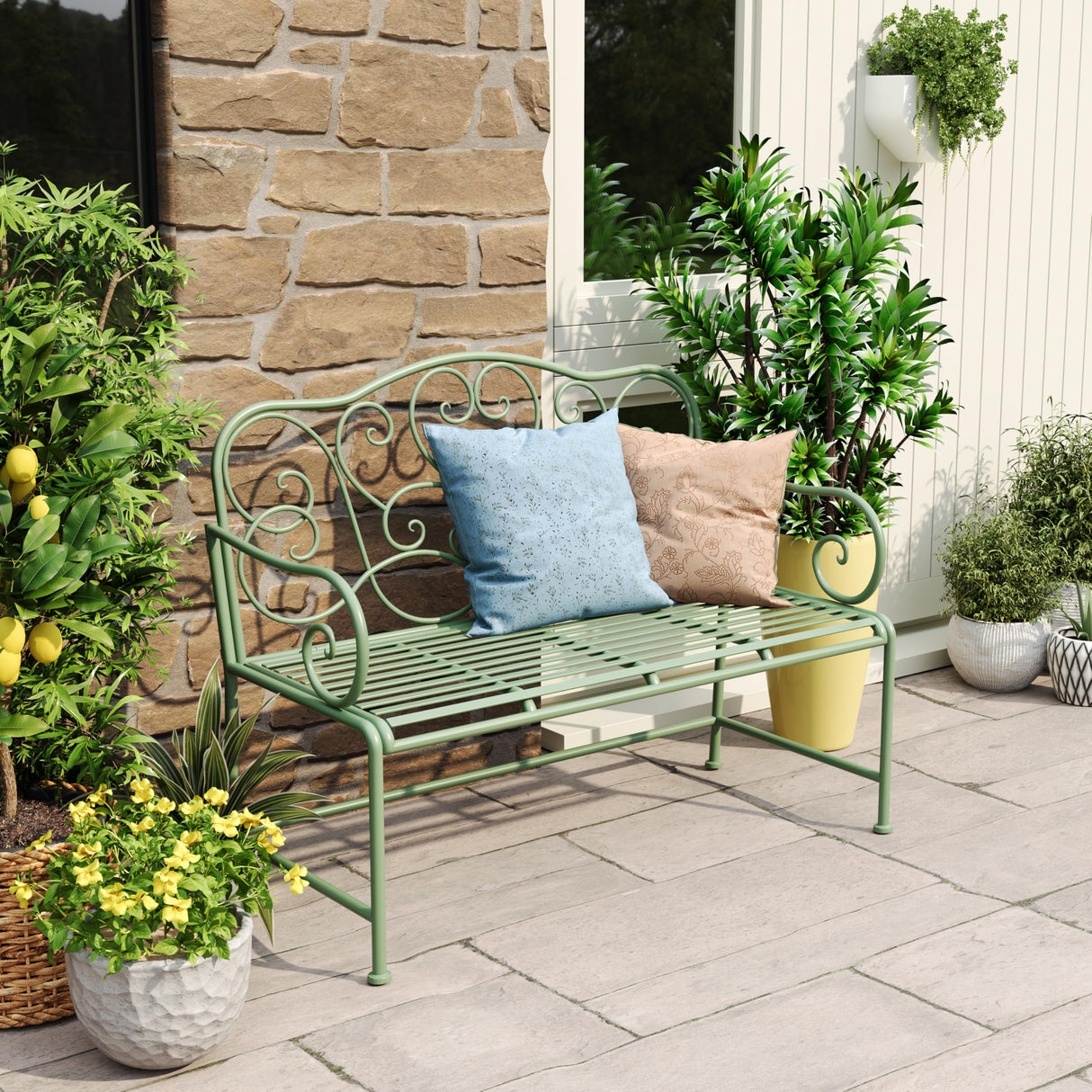 Outdoor Garden Bench, Sturdy Iron 2-Seater with Decorative Backrest, Weather-Resistant Metal Loveseat for Patio, Porch, Lawn, Romantic Green Finish, Ventilated Seat, Easy Maintenance, Matte Green GDFStudio