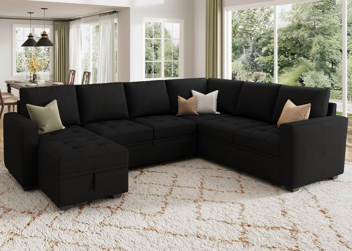 HONBAY Modular Sectional Sleeper Sofa with Pull Out Bed, Velvet Convertible L Shaped Couch with Storage Seat, Sectional Couches for Living Room, Black HONBAY