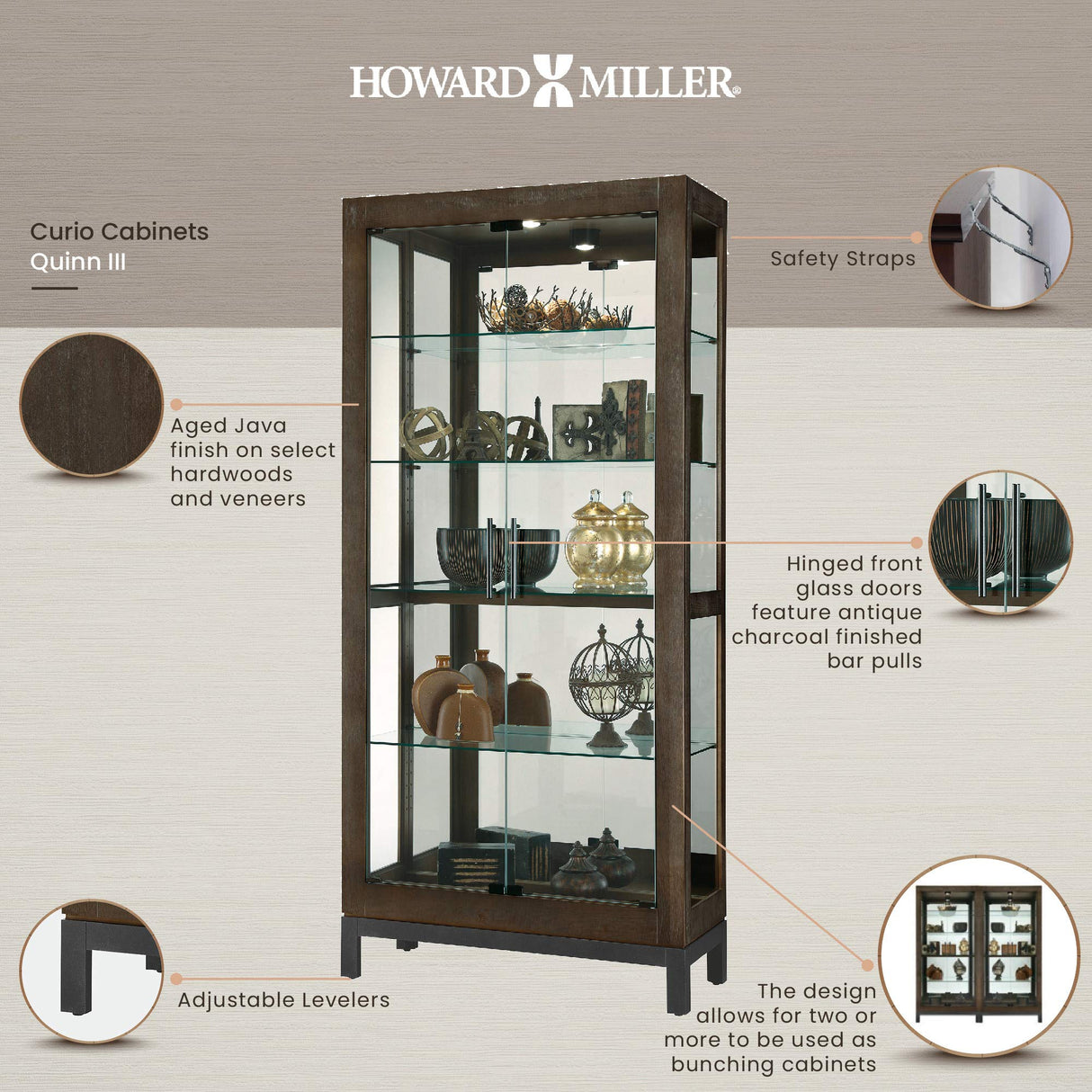 Howard Miller Quinn III Curio Cabinet 680-680 – Aged Java Finish Home Decor, Four Glass Shelves, Five Level Display Case, No-Reach Roller Halogen Light Howard Miller
