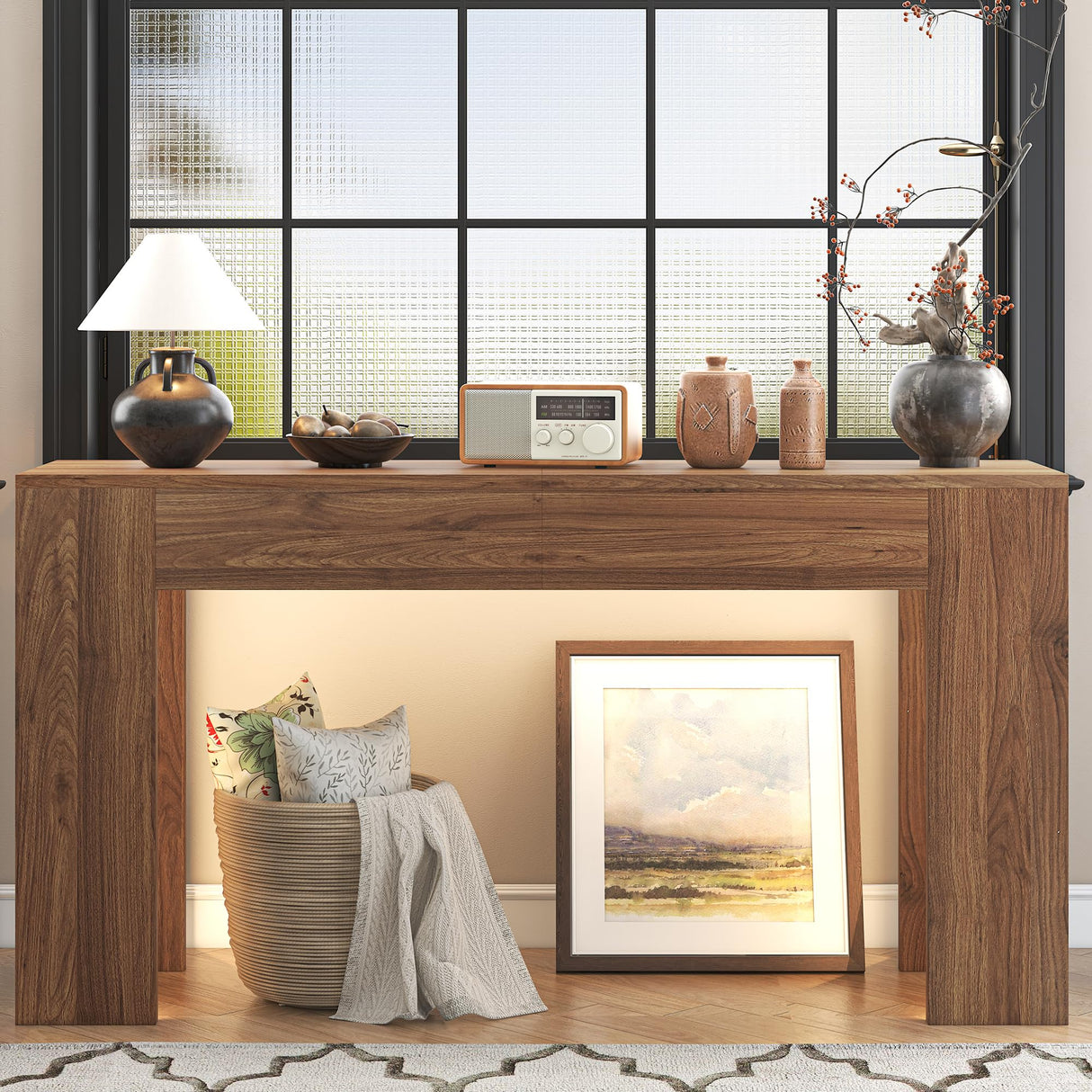 knoworld 63-Inch Long Console Table with LED Light, Farmhouse Sofa Table Behind Couch, Wooden Console Table for Entryway, Hallway, Entrance, Living Room knoworld