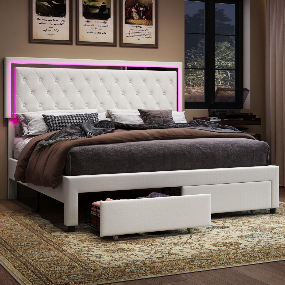 Jocisland Velvet Upholstered Queen Bed Frame with LED Lights and Storage Drawers Jocisland