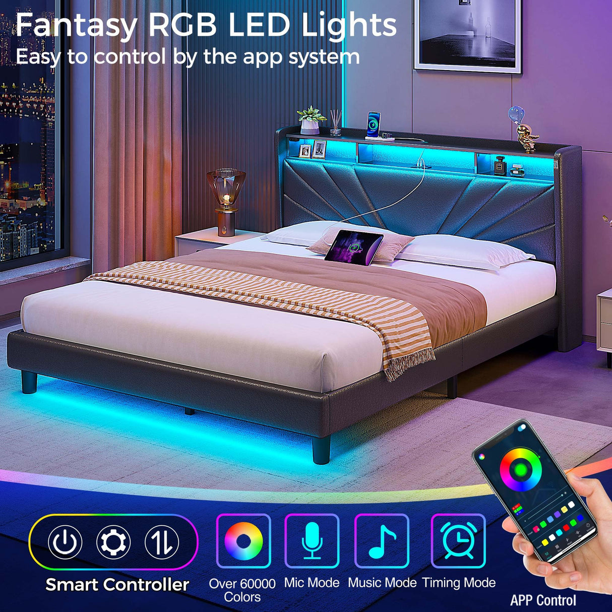 Rolanstar Full Size Bed Frame, Storage Headboard with Charging Station and LED Lights, Upholstered Bed with Heavy Duty Wood Slats, No Box Spring Needed, Noise Free, Easy Assembly, Black Rolanstar