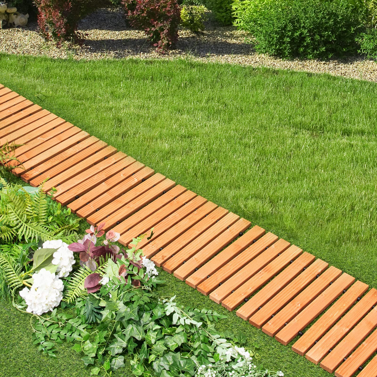 HAPPYGRILL 8 FT Wooden Garden Pathway Weather-Resistant Straight Walkway with Sturdy Steel Wire & Anti-Slip Patterns, Outdoor Roll-up Fir Wood Boardwalk for Patio Beach Garden Backyard HAPPYGRILL