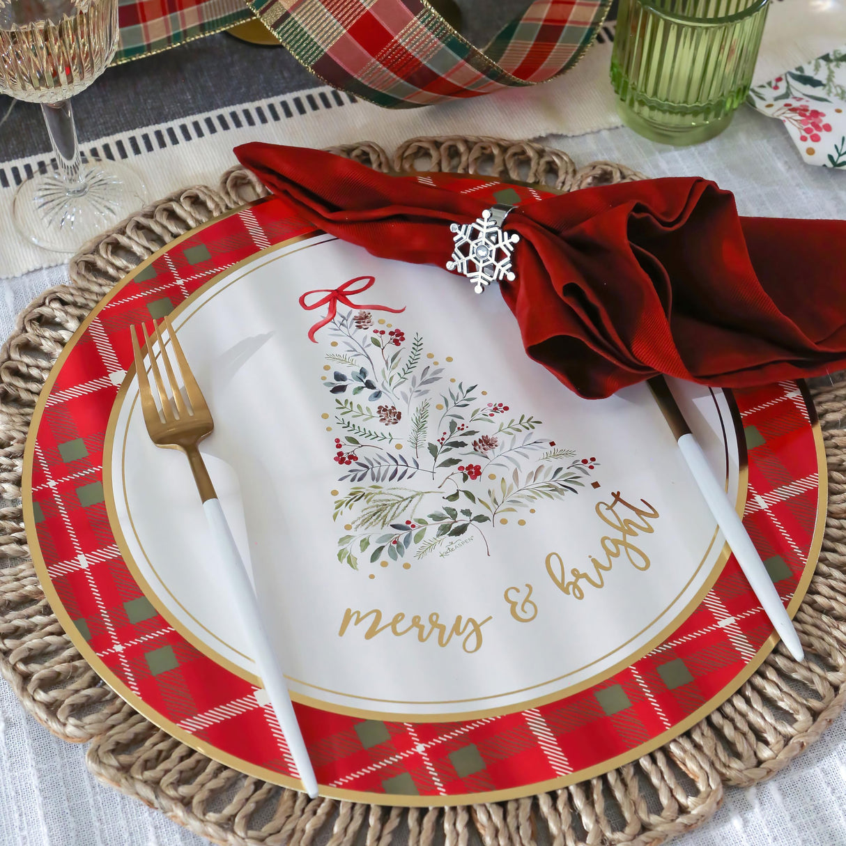 Kate Aspen 13" Disposable Holiday Placemats/Chargers, 24-Pack – Spillproof & Durable Merry & Bright Christmas Tree Design & Festive Red & Green Plaid Border Kate Aspen