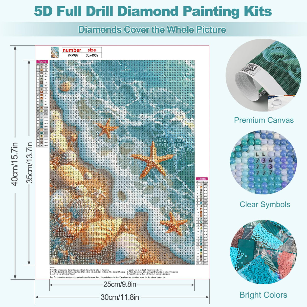 MEIYUDA Beach Diamond Painting Kits for Adults, 5D Seashell Starfish Diamond Art Kits for Beginners, Blue Ocean Beach DIY Gem Art Crystal Painting for Home Wall Decor and Present 12x16inch MEIYUDA