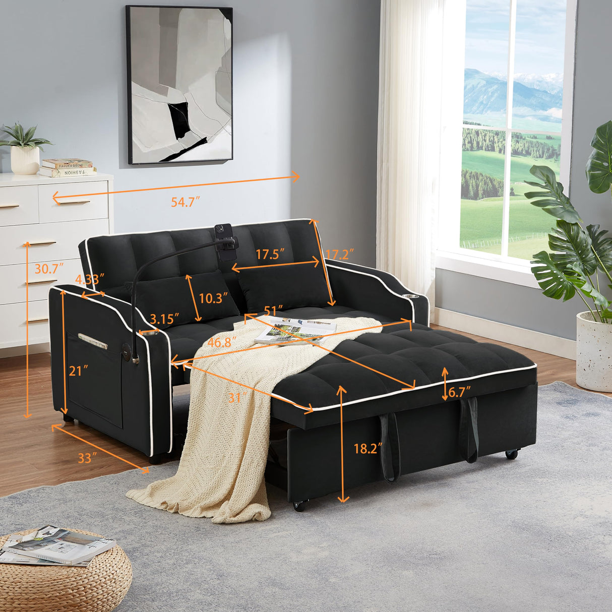 KTATK 1 Versatile Foldable Loveseat Sofa Bed in 3 Lengths,with Adjustable Back and USB Port,Modern Velvet Pull-Out Couch Bed,w/Ashtray & Swivel Phone Stand,for Living Room,Bedroom,Black KTATK