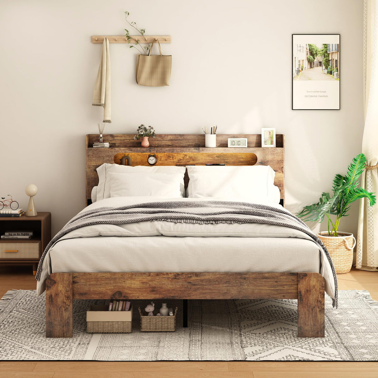 Elevate Your Space with the SAMTRA Queen Size Wooden Bed Frame Featuring Storage Headboard, Charging Station & Adjustable LED Lights SAMTRA