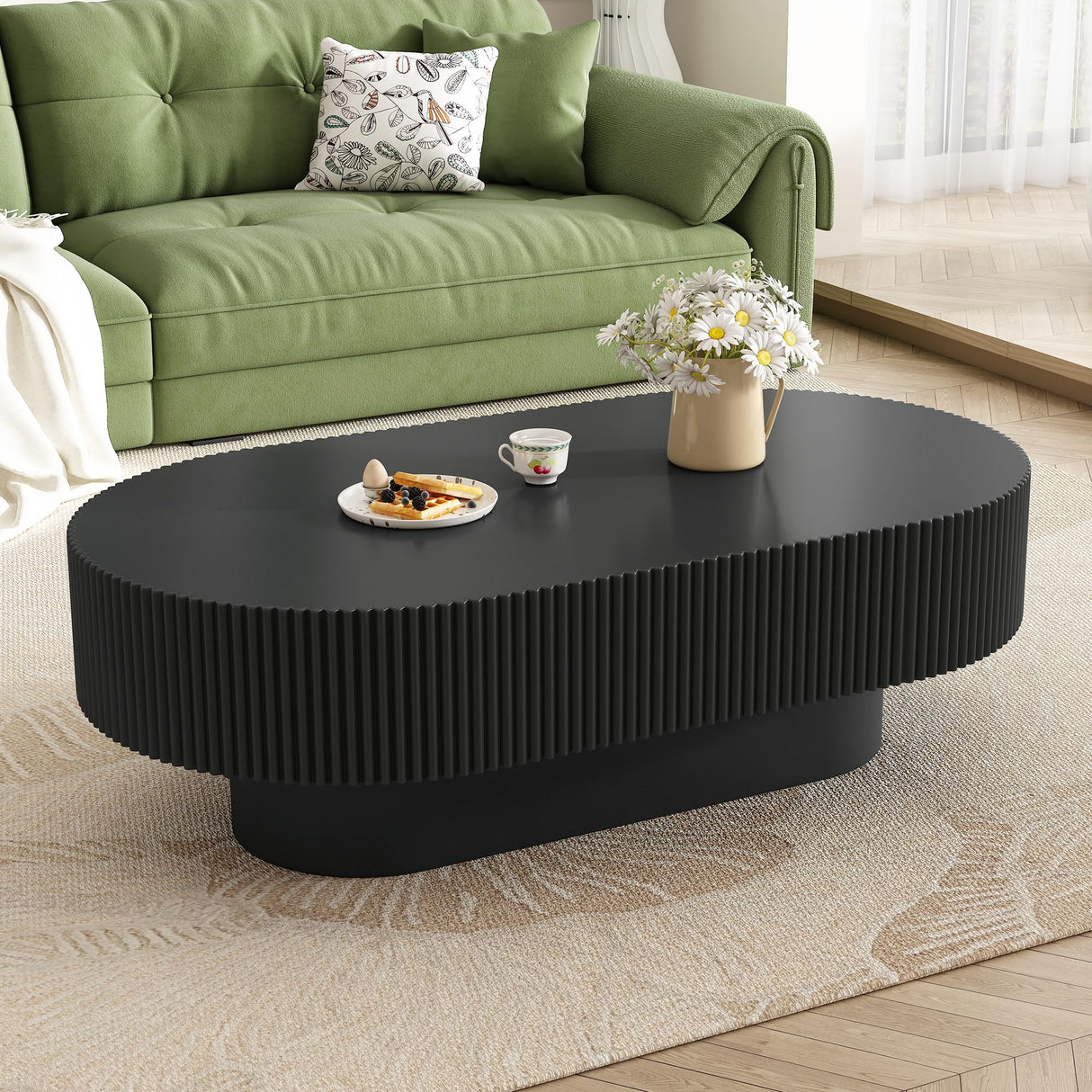 Merax Modern Oval Coffee Table with Sturdy Base, Wood Minimalist Fluted Center Tables for Living Room Reception Room, Easy Assemble,Black Merax
