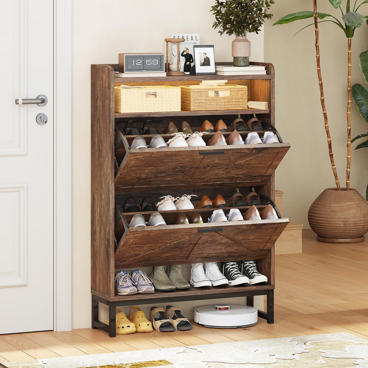 spanspace Shoe Storage Cabinet with 2 Flip Drawers & Adjustable Shelf,47-Inch Hidden Shoe Storage, Space-Saving Narrow Shoe Rack Cabinet for Hallway spanspace