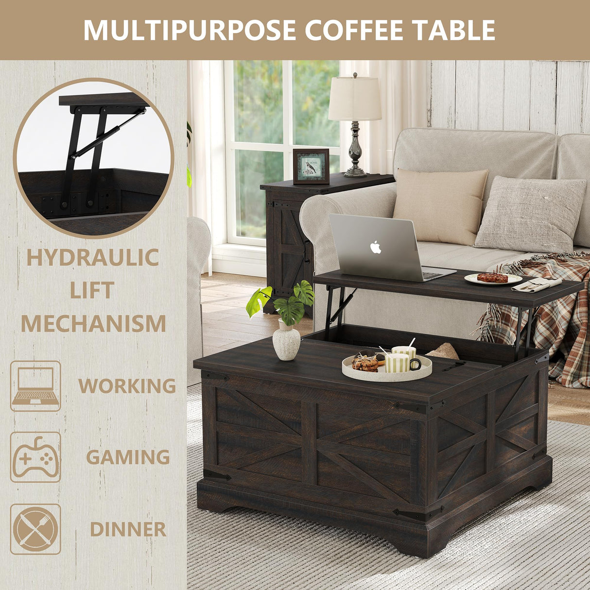 Furnideco Square Coffee Table with Storage Farmhouse Coffee Table with Lifting Top Modern Wood Center Table for Living Room Home Office, Dark Brown Furnideco