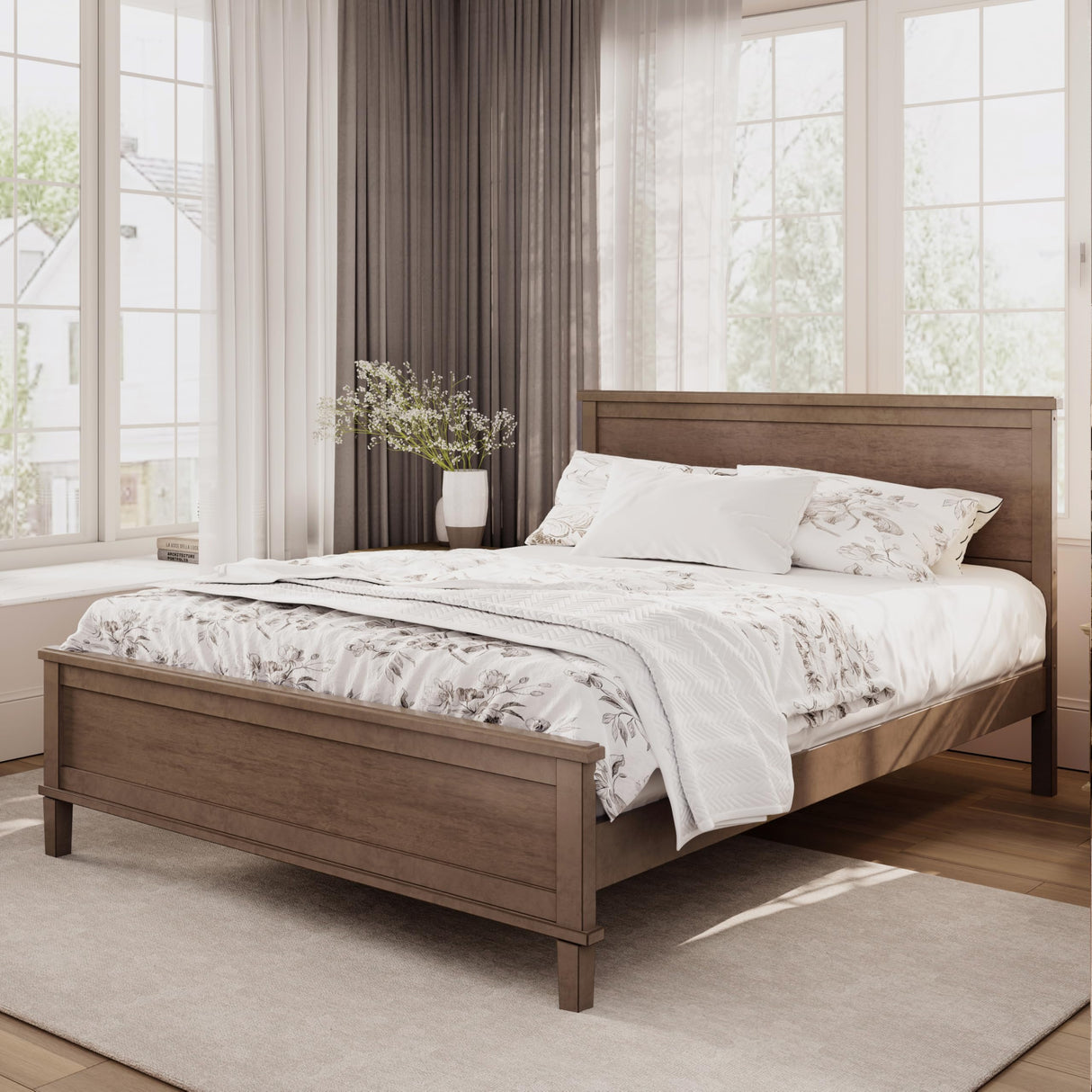 Merax Queen Size Wooden Bed Frame, Mid Century Modern Platform Bed with Tall Headboard and Footboard, Solid Wood Slats Support, No Box Spring Needed, Easy Assembly, Brown Merax