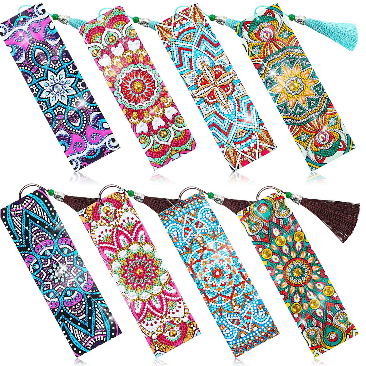 Zonon 8 Pcs Diamond Painting Bookmarks 5D Floral Art Painting Bookmarks PU Leather DIY Mandala Style Study Supplies with Tassels for Adults Gift Crafts Zonon