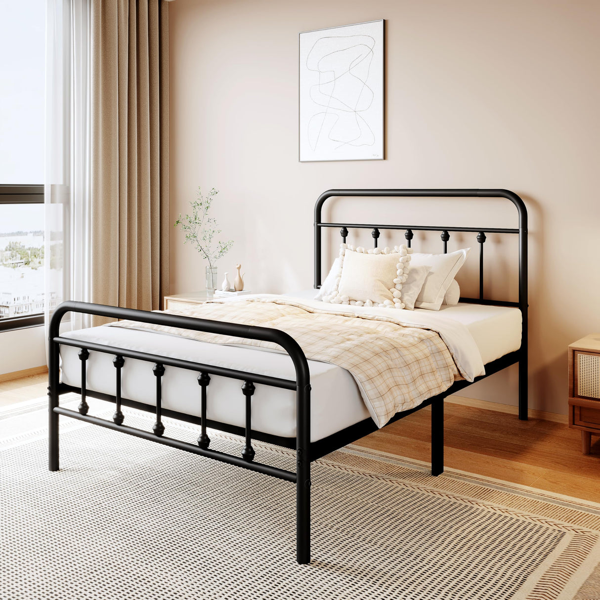 zunatu Twin Size Metal Platform Bed Frame/Victorian Style Headboard and Footboard/Steel Slat Support/Easy Assembly/No Box Spring Needed/Underbed Storage/Noise Free/Black zunatu