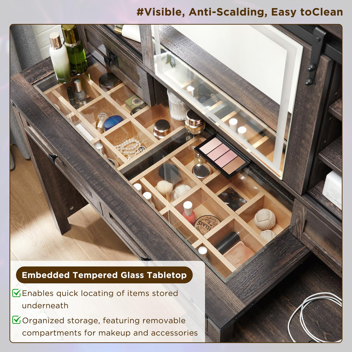 T4TREAM 48'' Farmhouse Makeup Vanity Desk with Sliding HD Mirror and Lights, Big Modern Lighted Vanity Table with 7 Drawers & Shelves, Rustic Large Dressing Table for Bedroom, Dark Rustic Oak T4TREAM