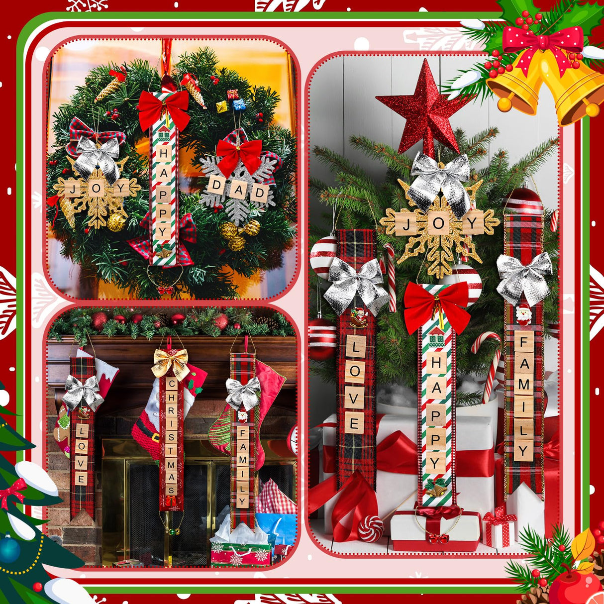 Gerrii 676 Pcs Christmas Ornament Kits DIY Christmas Crafts for Adults Letter Tiles Bell Bow Ribbon Snowflake Tree Decor for Kids Gifts Room Holiday Xmas Decorations Supplies Gerrii