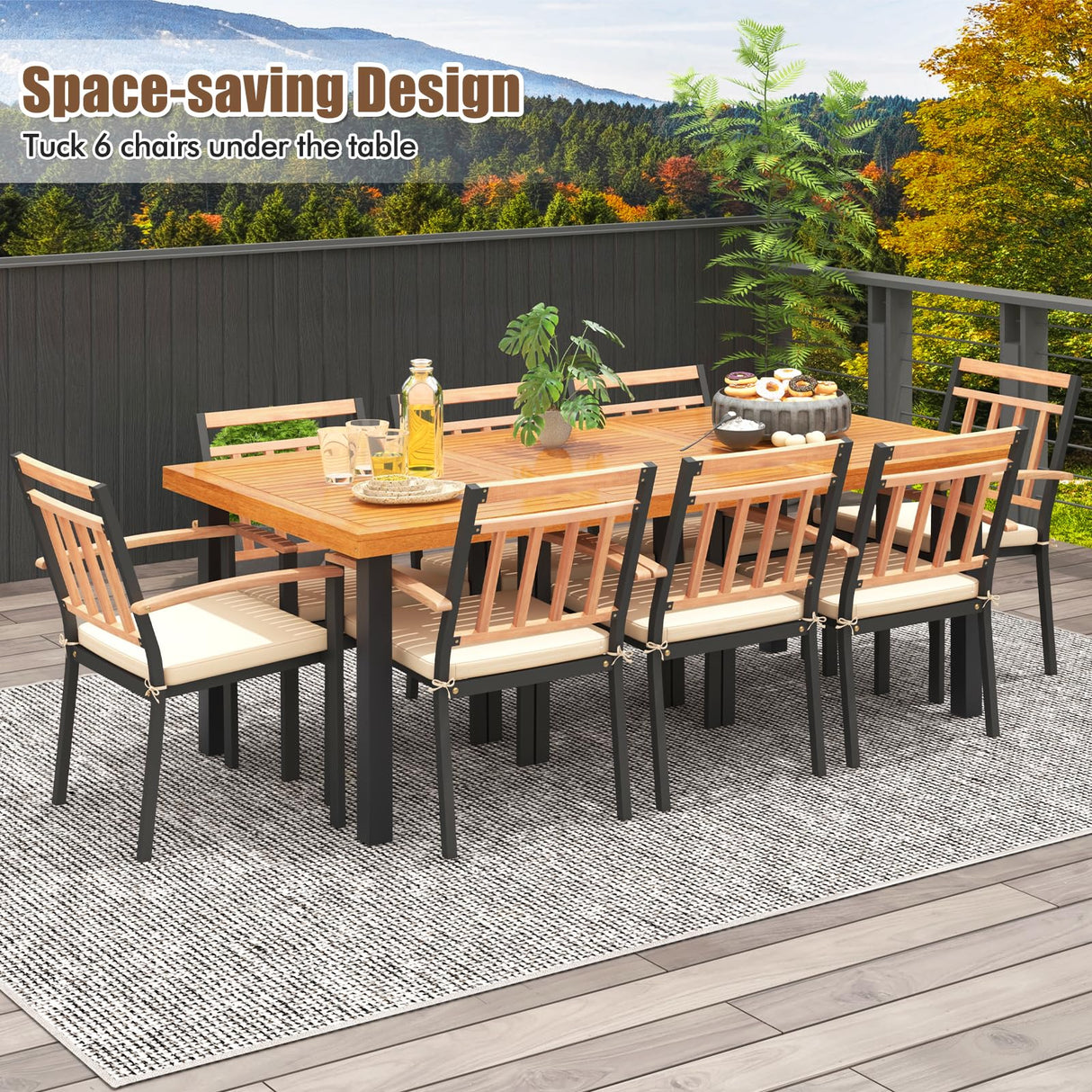 Tangkula 9 Pieces Patio Dining Set, Outdoor Acacia Wood Table and Chairs with Soft Cushions and 1.9” Umbrella Hole, Outdoor Patio Furniture Set for Garden, Deck and Backyard Tangkula