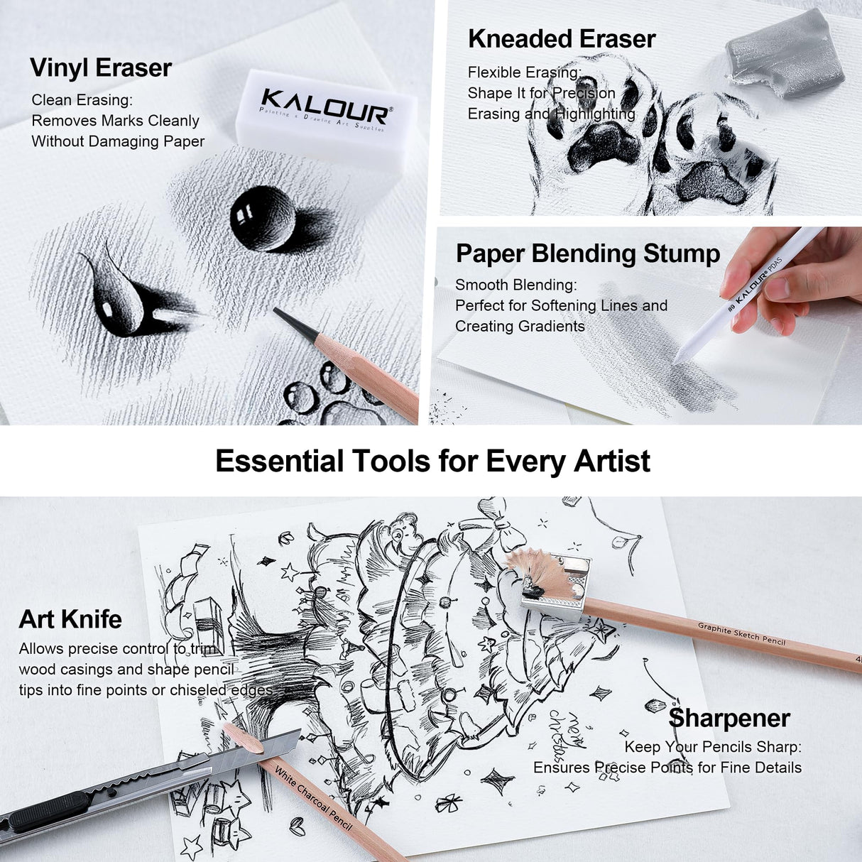 KALOUR 29 Pro Sketching Drawing Pencils Set with Roll-Up Nylon Case – 14 Graphite Pencils (14B–5H), Charcoal Pencils, Erasers, Sharpener & Stumps – Complete Art Kit for Artists & Beginner KALOUR