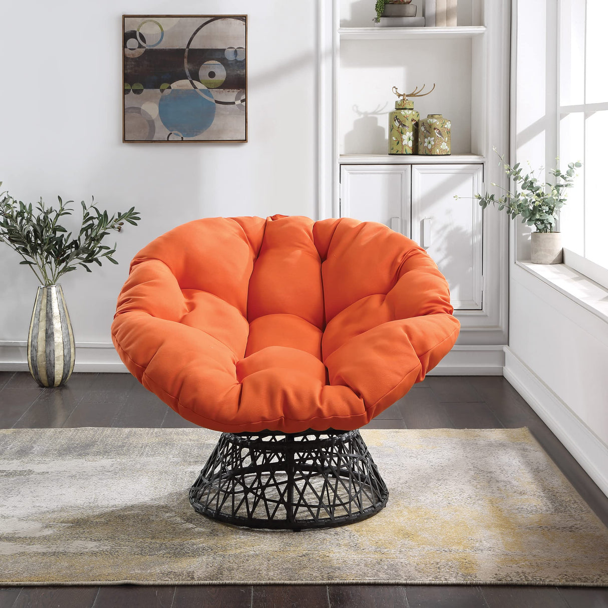 OSP Home Furnishings Wicker Papasan Chair with 360-Degree Swivel, Grey Frame with Orange Cushion OSP Home Furnishings