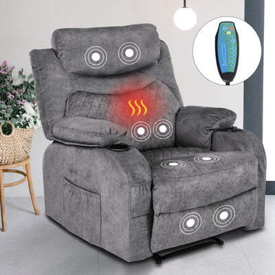 Comermax Fabric Massage Recliner Chairs with Heat Massaging Manual Reclining Chair Overstuffed Heated Recliners with Cup Holders for Adults Grey