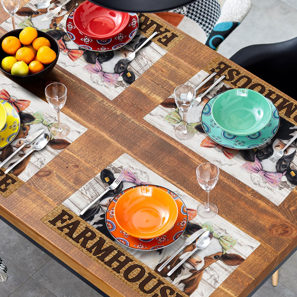Cute Cow Farmhouse Placemats 4pcs, Farm Animal Tabletop Mat Rustic Style Non-Slip Washable Place Mats 12 x 18 Inch for Holiday Kitchen Dining Decor Imiss