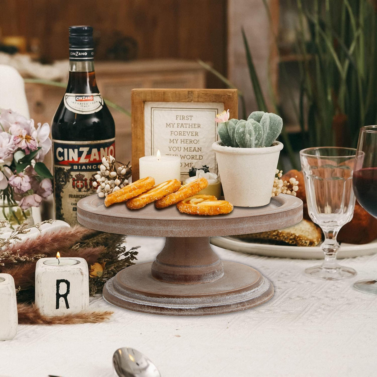 SOFE Round Wood Cake Stands Farmhouse Risers for Display Decorative, Cake Pedestal Serving Platter for Coffee Dessert Table, Christmas Party, Wedding, Dining Room, Living Room SOFE