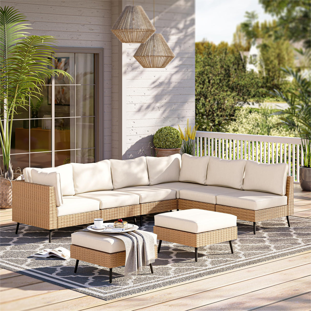 LAUSAINT HOME 8 Piece Outdoor Patio Furniture, Outdoor Sectional Sofa PE Rattan Wicker Patio Conversation Sets with Oversized Cushions, Patio Furniture Sets for Outdoor, Backyard, Lawn, Garden(Beige) LAUSAINT HOME