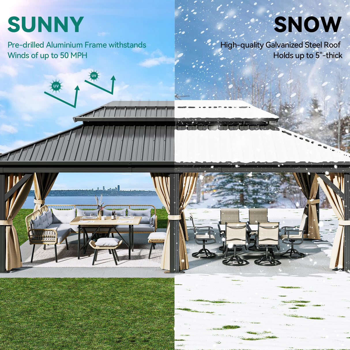 DWVO 12x18ft Hardtop Gazebo Double Roof with Nettings and Curtains, Heavy Duty Galvanized Steel Outdoor Vertical Stripes Roof for Patio, Backyard, Deck, Lawns, Brown DWVO