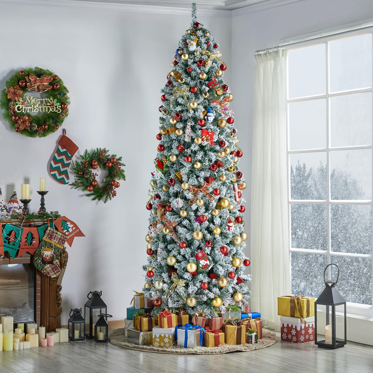 Yaheetech 9ft Pre-lit Snow Flocked Pencil Christmas Tree Kingswood Fir Hinged Slim Skinny Corner Xmas Tree Holiday Decoration with 350 Incandescent Warm White Lights & 1086 Snow Branch Tips, White Yaheetech