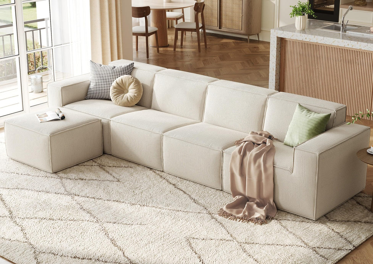LINSY HOME Modular Sectional Sofa, 134" Boneless Couch L Shaped 4-Seat Sofa with Movable Ottoman, Corduroy Sectional Cloud Couches for Living Room, No Assembly Required, Beige LINSY HOME