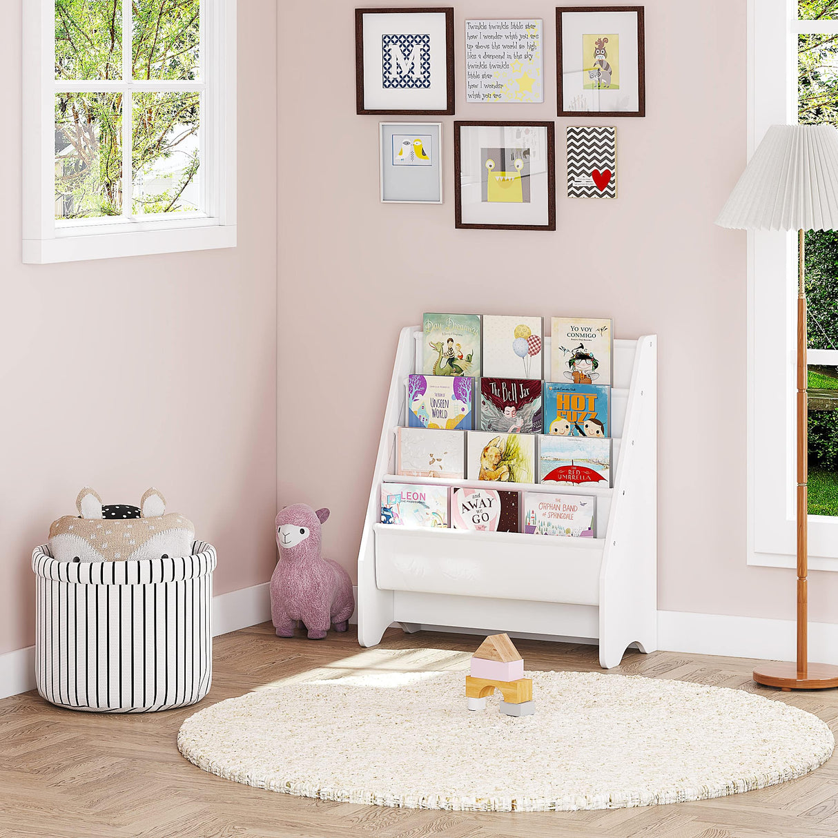 UTEX Kids Bookshelf Storage, Book Shelf for Kids Rooms, 4 Tier Sling Toddler Bookshelf, Magazine Book Rack, Children Book Organizer, White UTEX