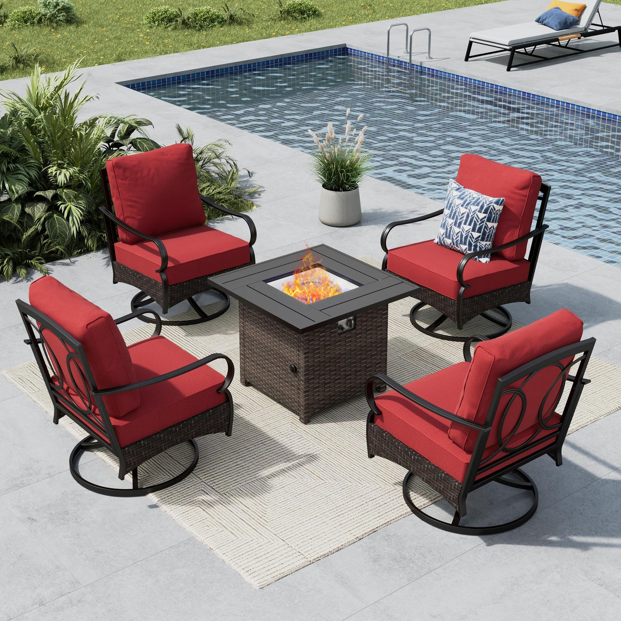 MFSTUDIO 5 Pieces Outdoor Patio Furniture Set, Metal Outdoor Conversation Sofa, Rattan Wicker Patio Sectional Sofa Set with 4 x Swivel Single Sofa, 1 x Fire Pit Table, Red MFSTUDIO