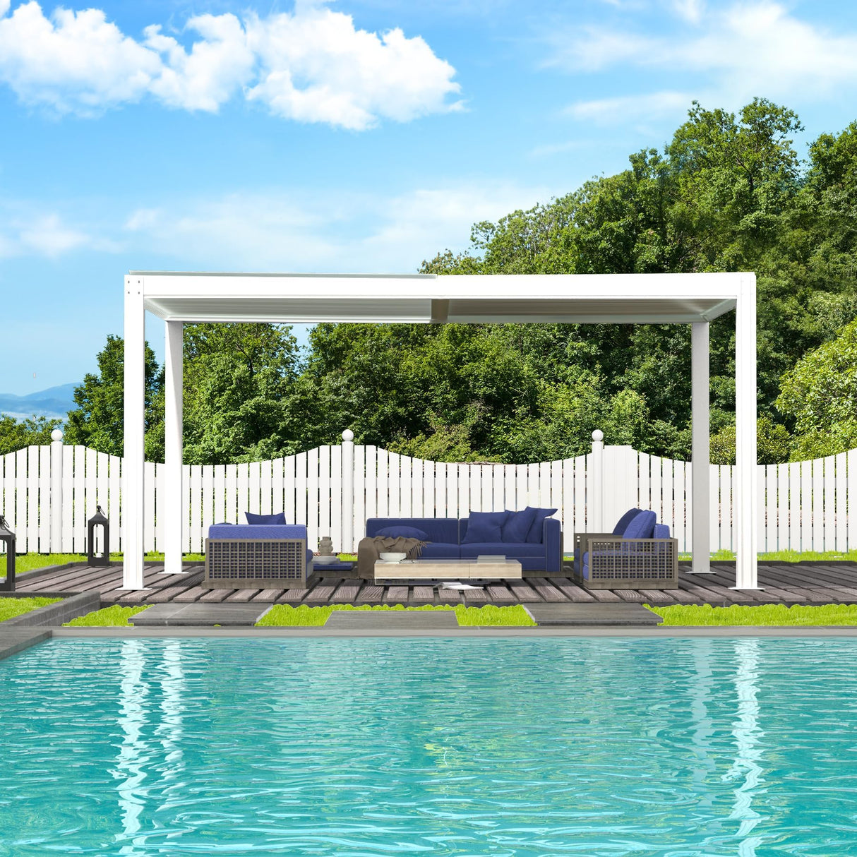 Domi Outdoor Louvered Pergola 10x16FT with Adjustable Steel Roof, Outdoor Aluminum Structure Rainproof Pergola for Backyard, Garden and Lawn,White domi outdoor living