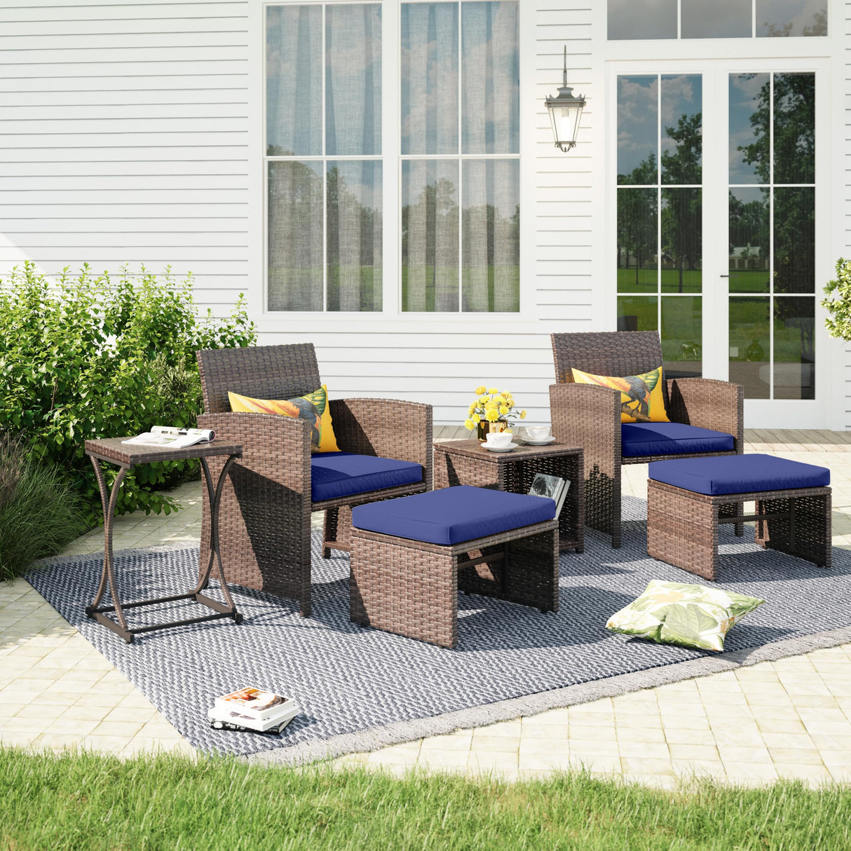 OC Orange-Casual 6 Piece Patio Wicker Furniture Set, Balcony All Weather Rattan Chair, with Space Saving Ottoman, Resin Nesting Coffee Table, Modern Design, Blue OC Orange-Casual