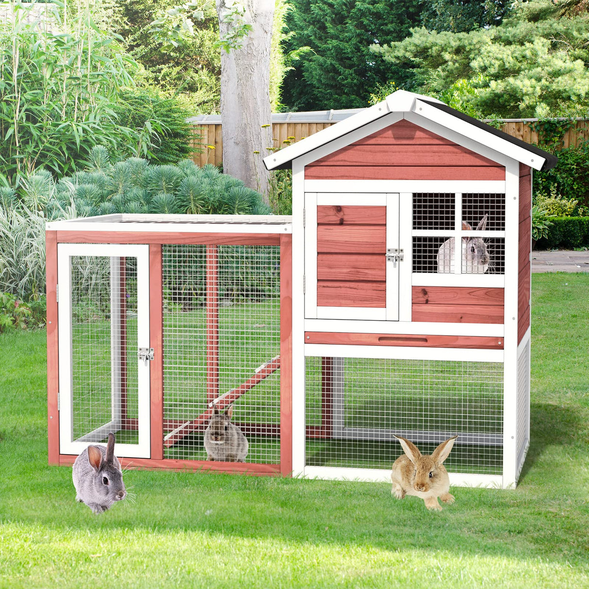 Tangkula Wood Rabbit Hutch, Outdoor Indoor Bunny Cage with Run, Removable Tray, Ramp, Ventilate Door, Waterproof Roof Chicken Coop Pet House for Chicken Rabbit Guinea Pig, 48.5 x 25 x 37 Inch, Red Tangkula