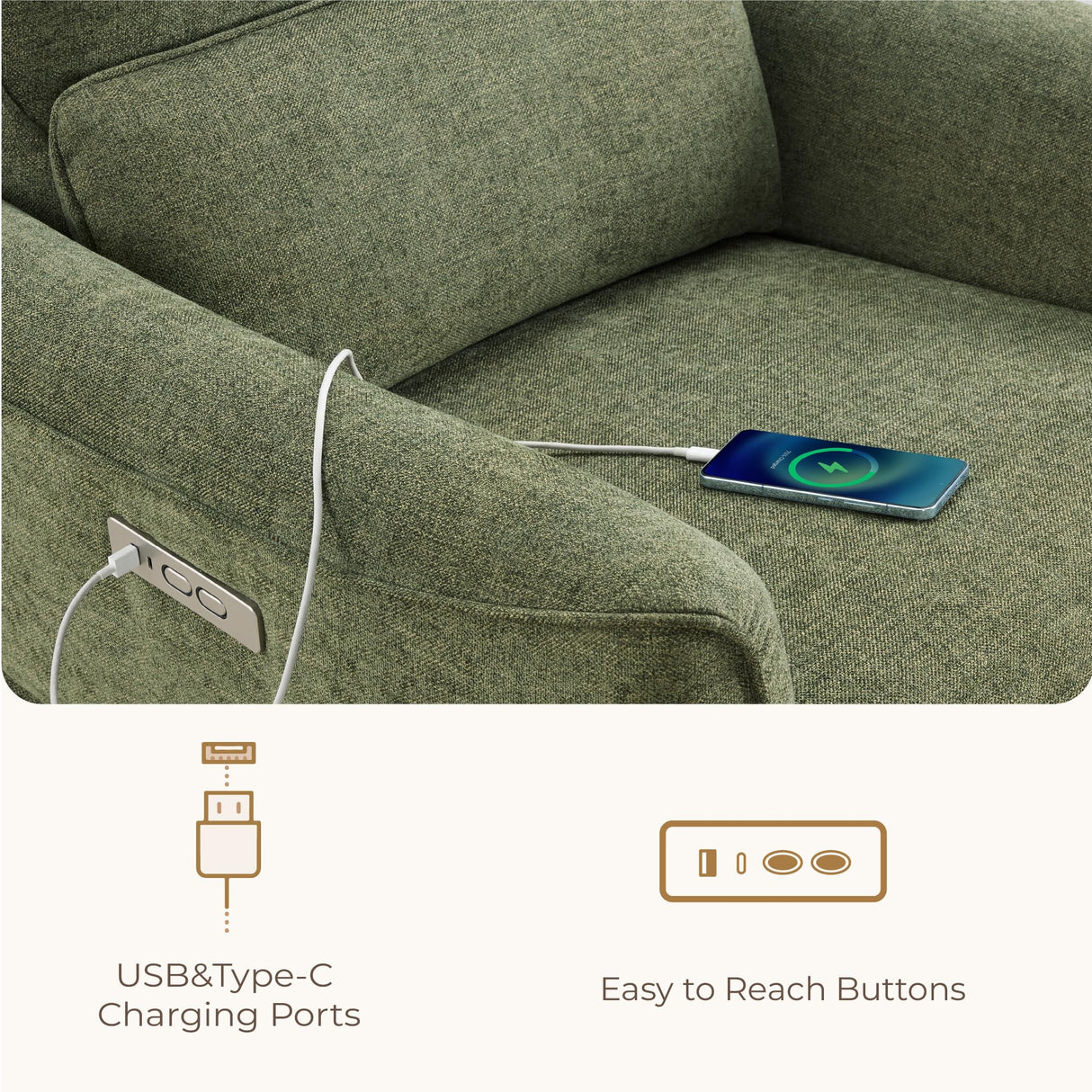 CHITA Power Nursery Rocking Chair, Swivel Glider Recliner Chair with Solid Wood Base, Bulit-in USB & Type-C Charging Ports for Living Room, FSC Certified, Moss Green CHITA