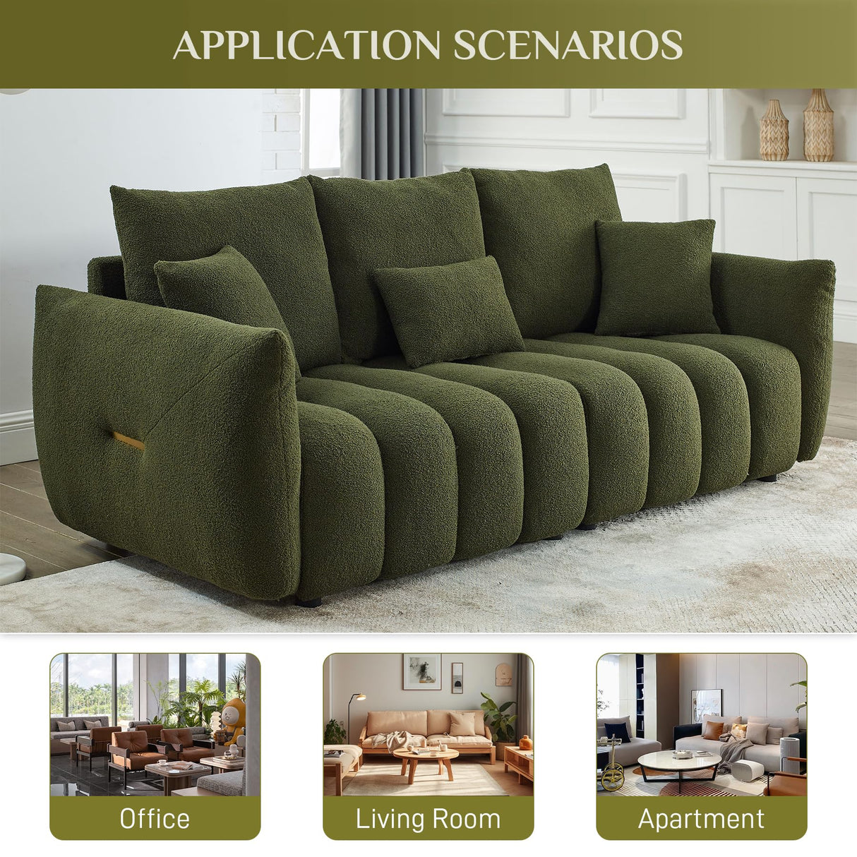 Wrofly Teddy Cloud Sofa Couch, Comfy Upholstered Sherpa Deep Seat Boucle Sofa, Cozy Modern 3 Seater Couch with 3 Pillows, Oversized Loveseat for Living Room Apartment Office, Olive Green Wrofly