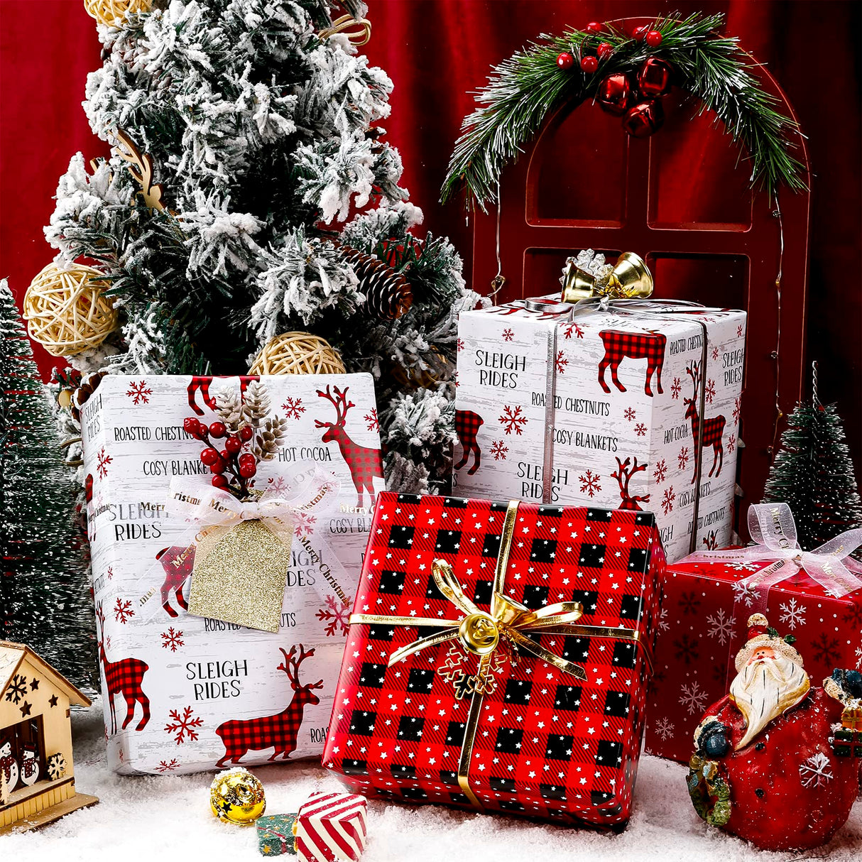 WRAPAHOLIC 30 Inch Christmas Wrapping Paper Roll - Jumbo Roll Rustic Holiday Woodland Scenes - Snowflake, Plaid, Reindeer - 4 Rolls - 30 Inch x 120 Inch Per Roll WRAPAHOLIC