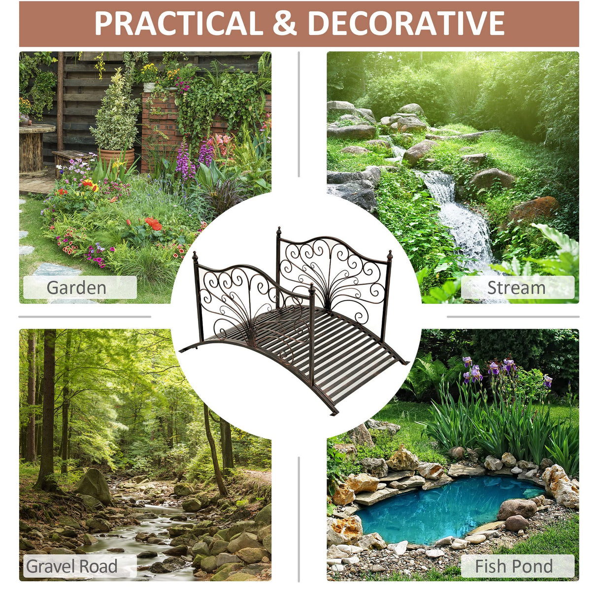 Outsunny 4’ Metal Arch Backyard Garden Bridge with Safety Siderails, Delicate Scrollwork, & Easy Assembly, Black Bronze Outsunny