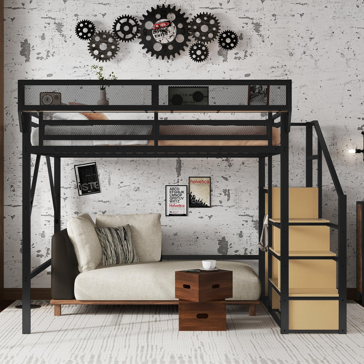 Mirightone Queen Size Loft Bed with Stairs, Metal Loft Beds, High Loft Bed Frame with Storage Shelves, Lofted Queen Bed with Wardrobe for Adults and Teens, No Box Spring Needed (Black+Natural) Mirightone