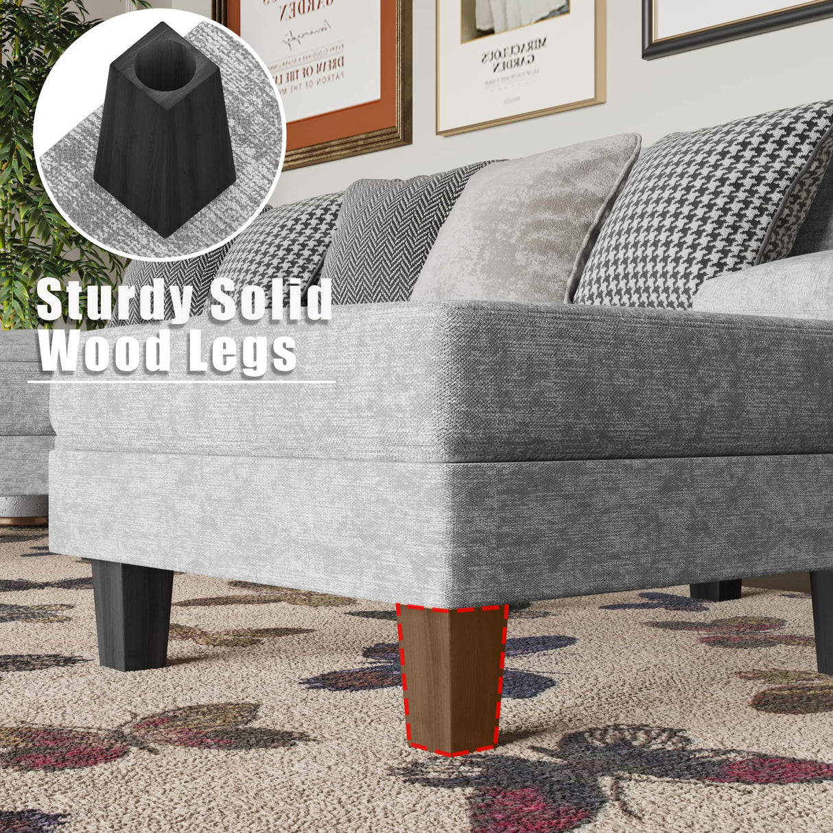 YESHOMY Convertible Sectional Sofa U-Shaped Couch with Soft Modern Cotton Chenille Fabric for Living Room, Oversized Seats with Comfortable Backrest, Gray YESHOMY