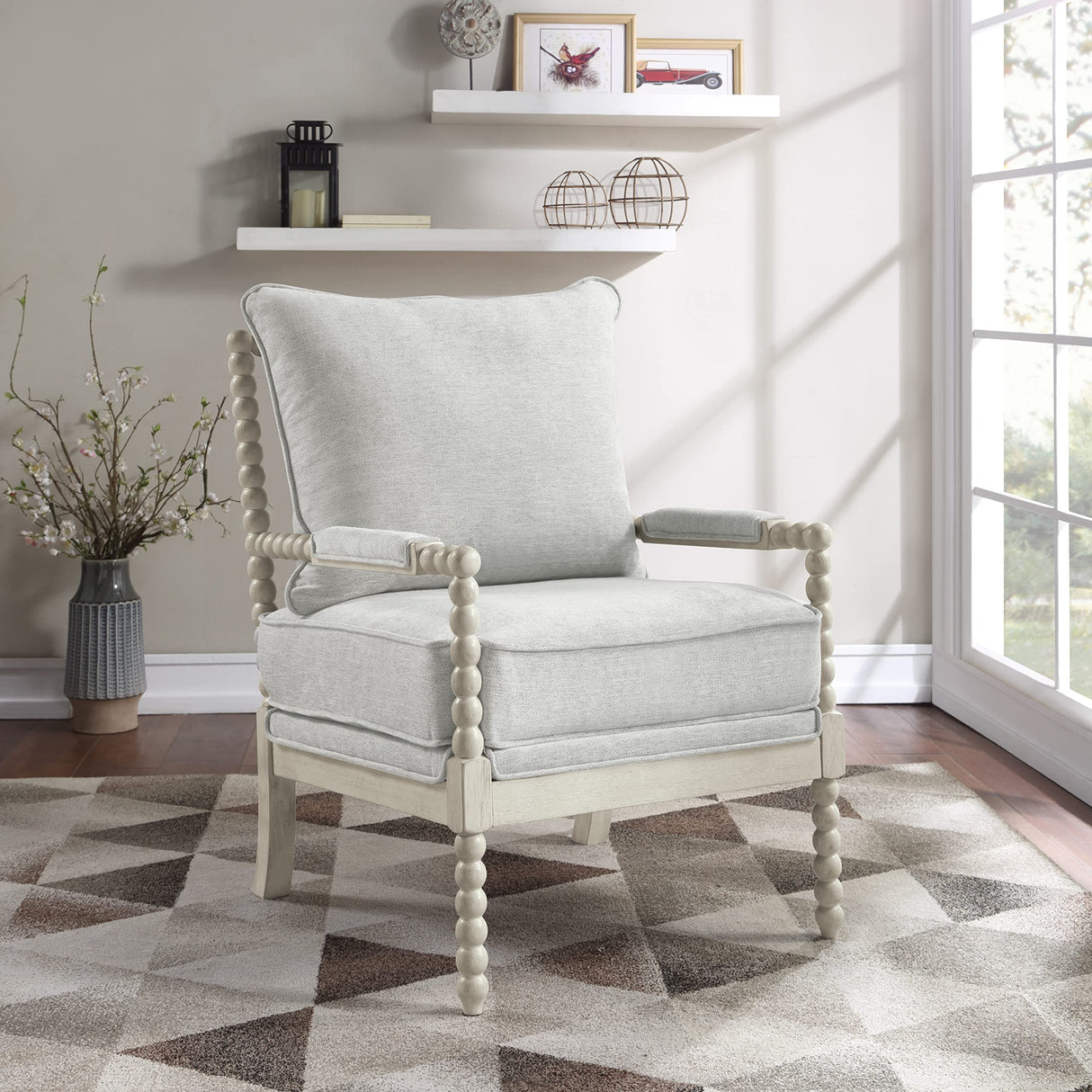 OSP Home Furnishings Kaylee Spindle Accent Chair with Antique White Wood Frame, Smoke Grey Fabric OSP Home Furnishings