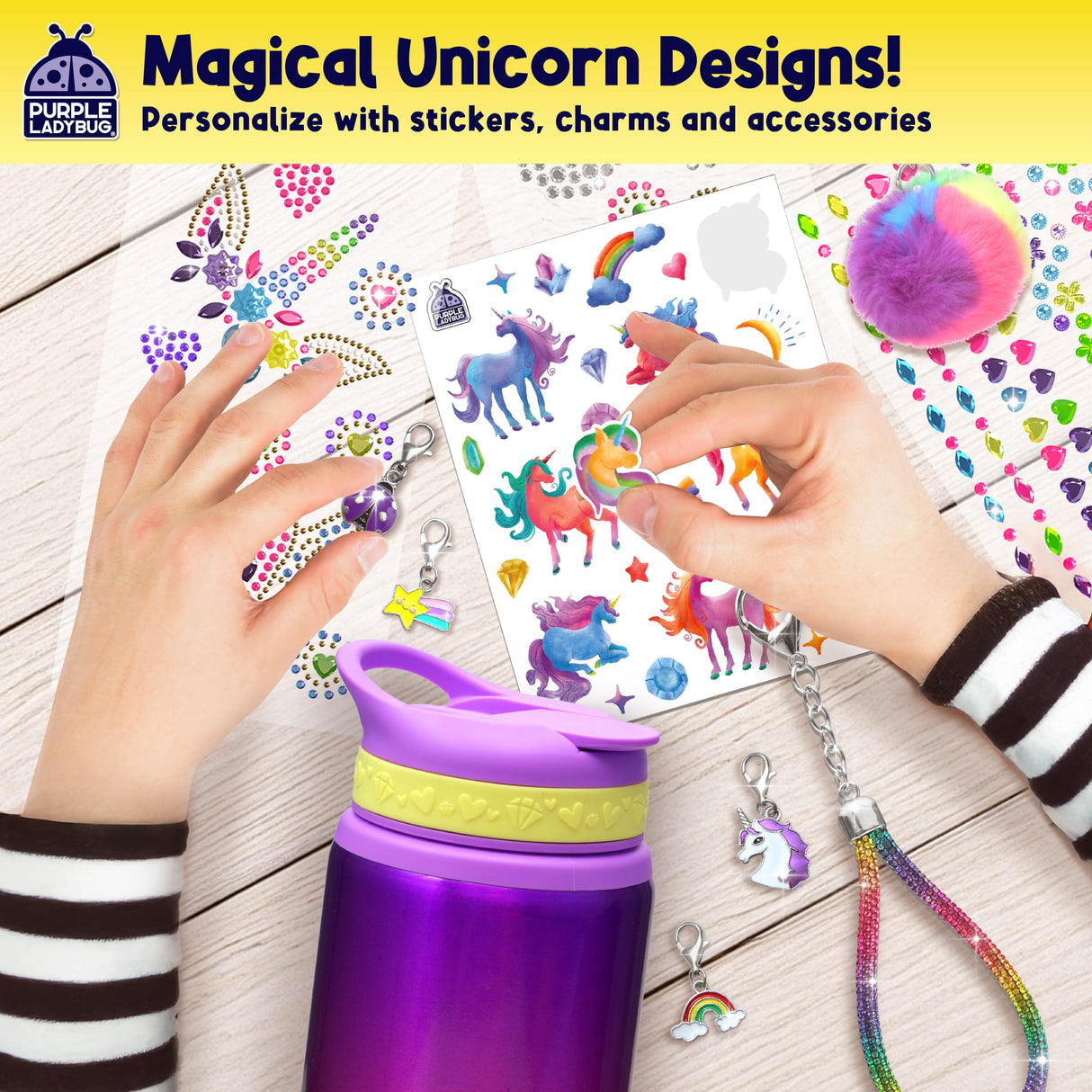 PURPLE LADYBUG Decorate Your Own Water Bottle Kit for Girls - Unicorn Design with Glitter Gem Stickers, Gifts for Girls Ages 5-8-10 Years Old Birthday, Fun Craft for Kids, Water Bottle for School PURPLE LADYBUG