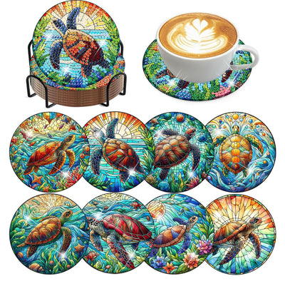 8 Pieces Diamond Art Painting Coasters Kit, Sea Turtle Diamond Art Coaster, DIY Diamonds Craft Kits for Adults and Beginners (Turtle Style)