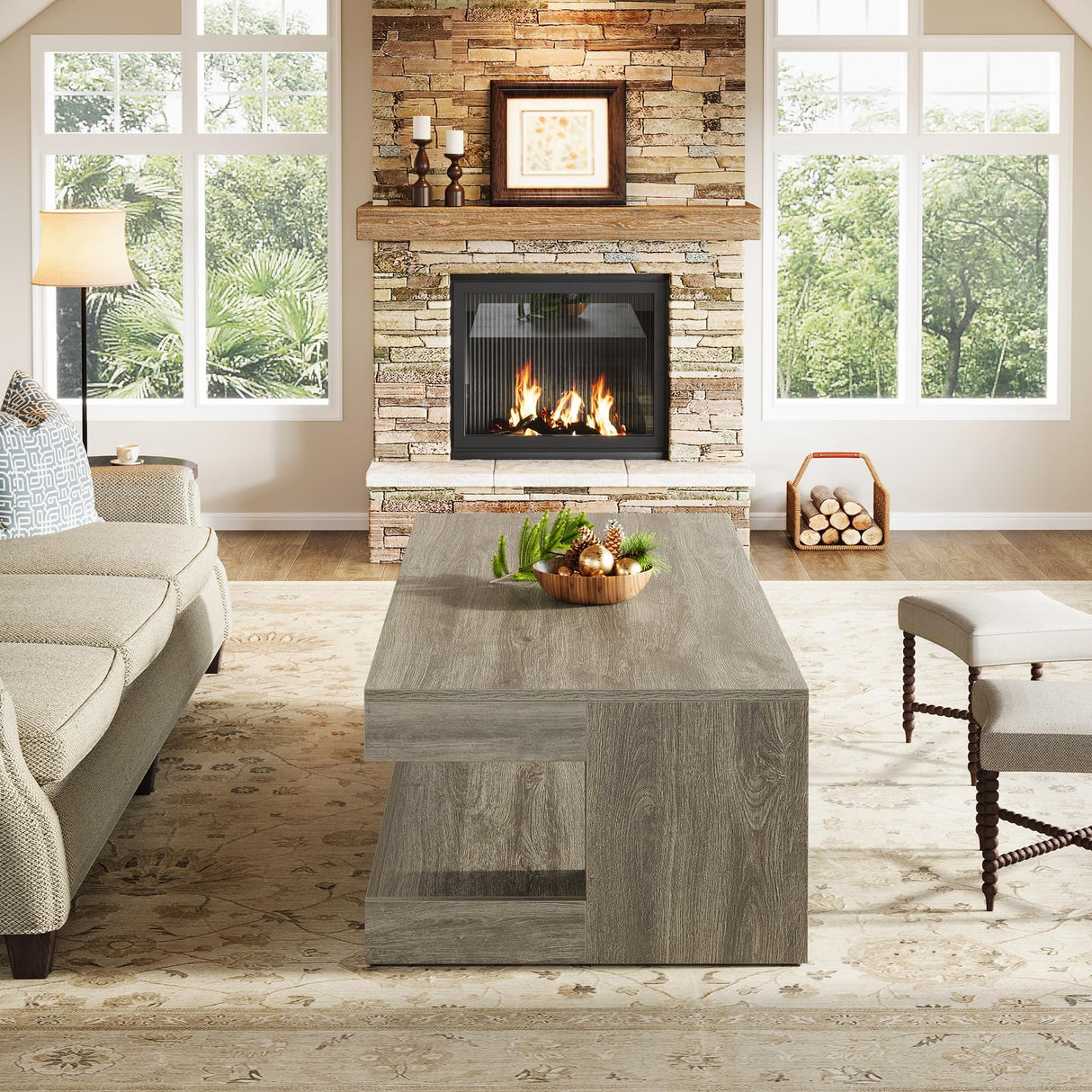 Tribesigns Coffee Table for Living Room, 47.24 Inch Farmhouse 2-Tier Accent Center Tea Cocktail Table with Storage, Elegant Grey, Rectangular Tribesigns