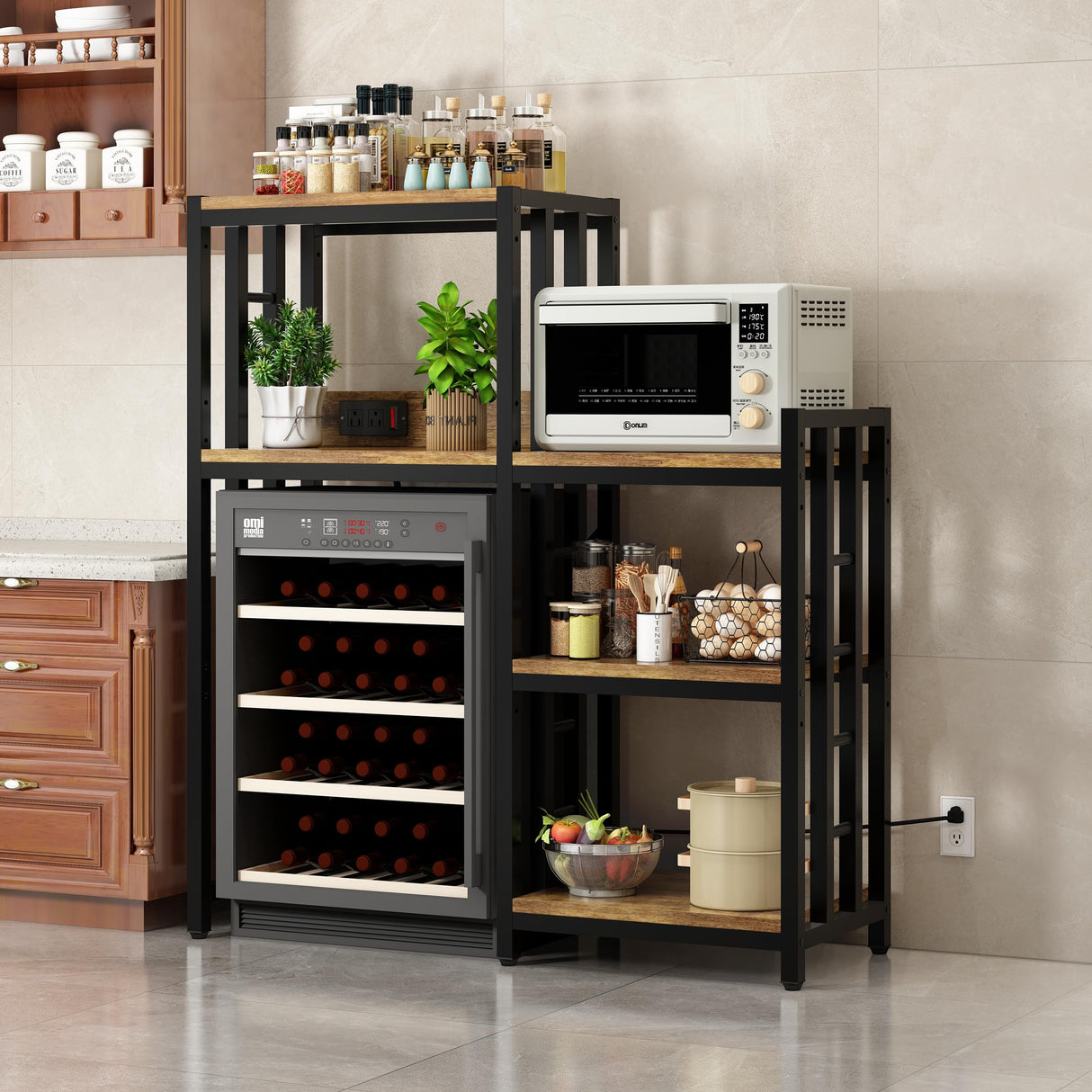 6-Tier Kitchen Baker's Rack with Power Outlet, Microwave Oven Stand with Storage Suitable for Kitchen Living Room Office Storage Shelf, Mini Fridge Stand Shelves for Spices, Pots and Pans. (Brown) Mini Quexing